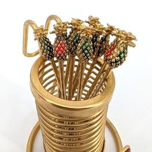 Vintage Gold Pineapple Cocktail Picks Set of 12 with Holder
